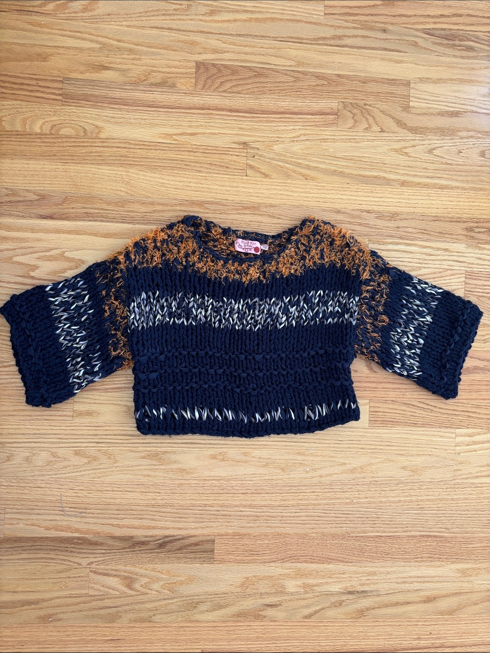 Anthropologie Chunky Knit Cropped Sweater in Navy, Orange & Cream